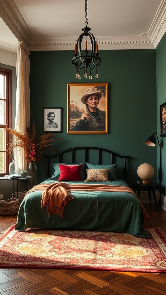 A cozy winter bedroom featuring a rich green wall, layered bedding in teal and red, and warm lighting.