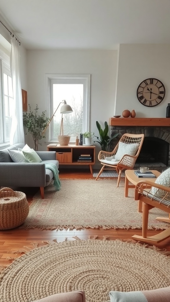 A cozy living room with layered area rugs, showcasing a warm and inviting atmosphere.