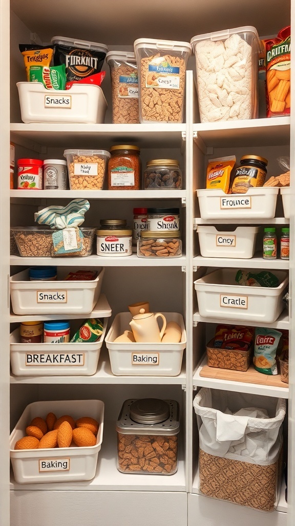 Organized pantry with labeled bins for snacks, breakfast, and baking supplies.