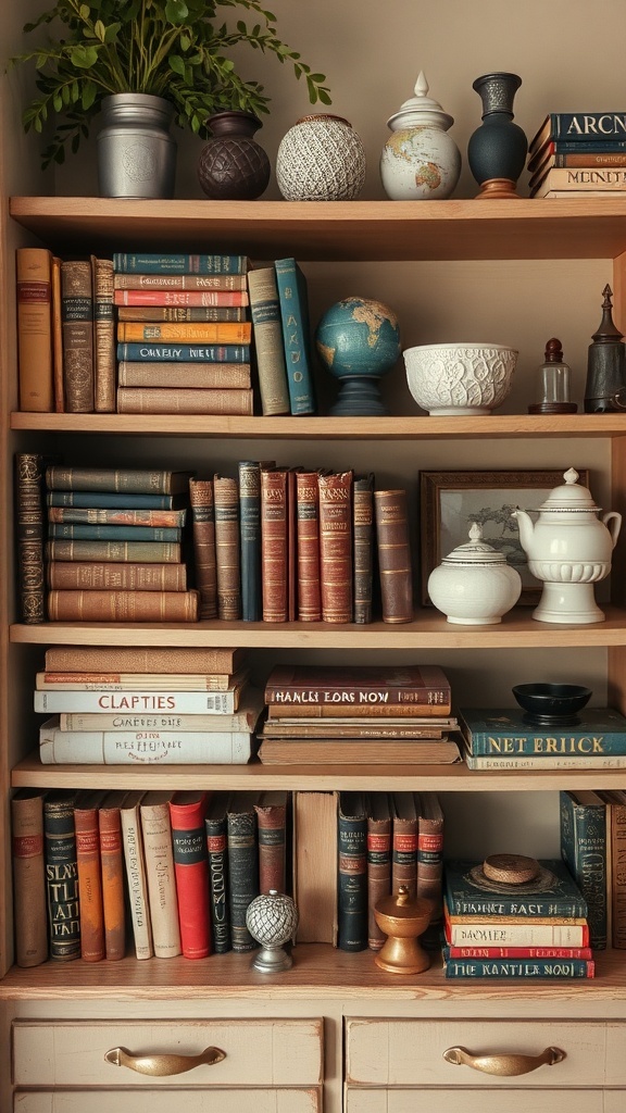 A cozy bookshelf filled with vintage books, decorative items, and a touch of greenery.