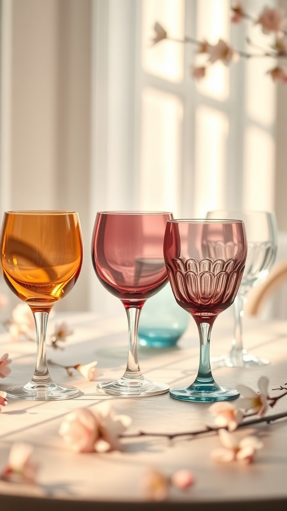 A selection of clear and colored glassware in warm tones on a table with soft lighting and floral accents.