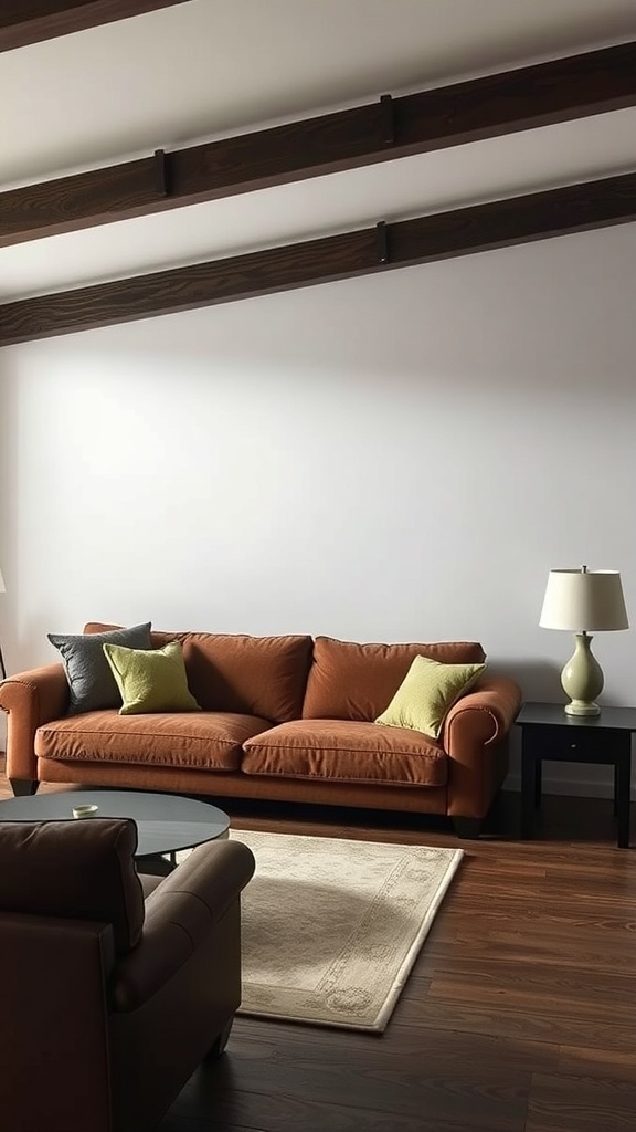 Living room featuring a brown sofa paired with dark wood furniture and light-colored walls.
