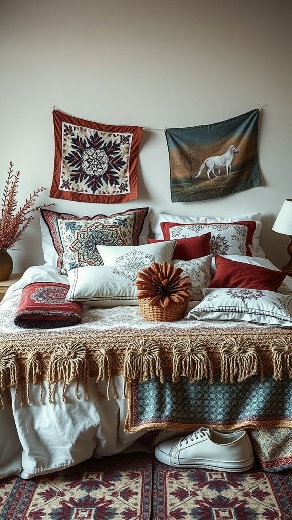 A cozy winter bedroom featuring layered bedding with quilts, coverlets, and oversized duvets, along with decorative pillows and a stylish throw.
