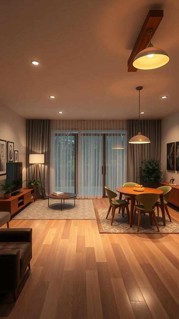 A living-dining room combo featuring distinct lighting for each area.