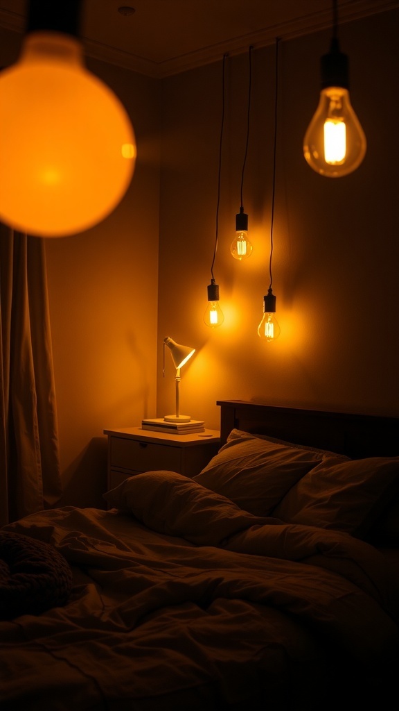 A cozy bedroom with dimmable lighting featuring hanging bulbs and a bedside lamp.