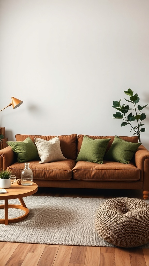 A cozy living room featuring a brown sofa with green throw pillows, a wooden coffee table, and a plant.