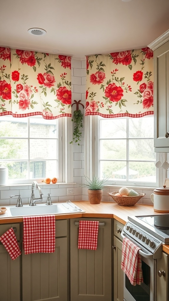 A cozy kitchen featuring floral curtains and red gingham towels, enhancing the cottagecore aesthetic.