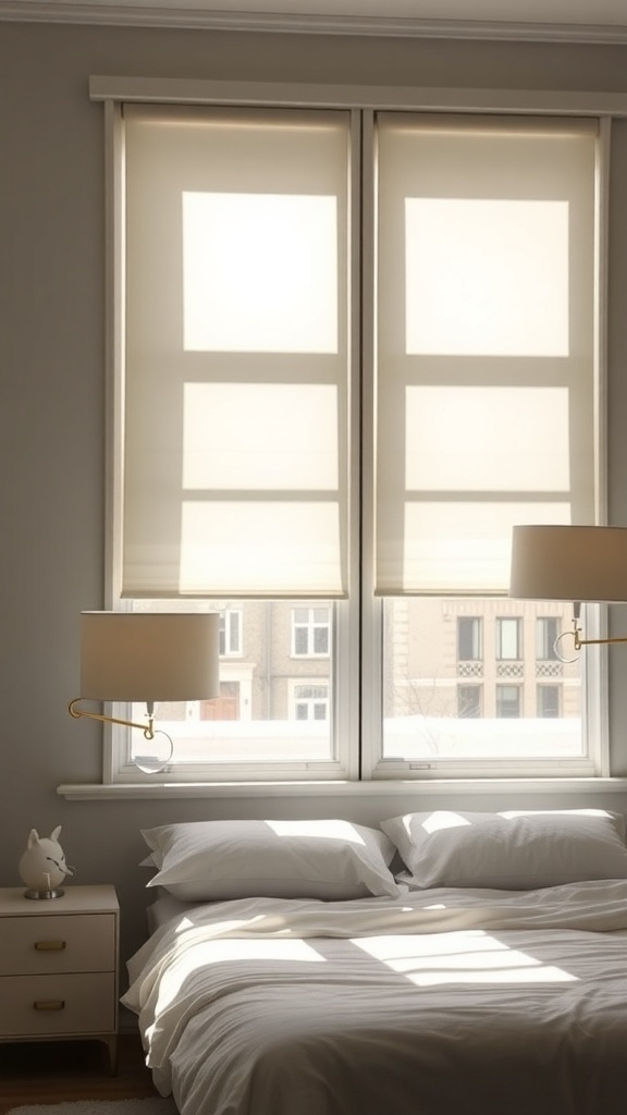 A cozy bedroom with two lamps featuring oversized shades on either side of the bed, creating a bright and inviting atmosphere.