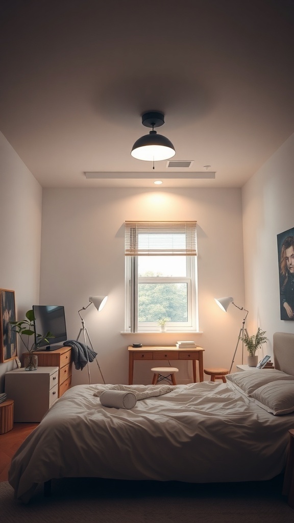 A well-lit bedroom featuring overhead lighting, task lamps, and natural light from a window.