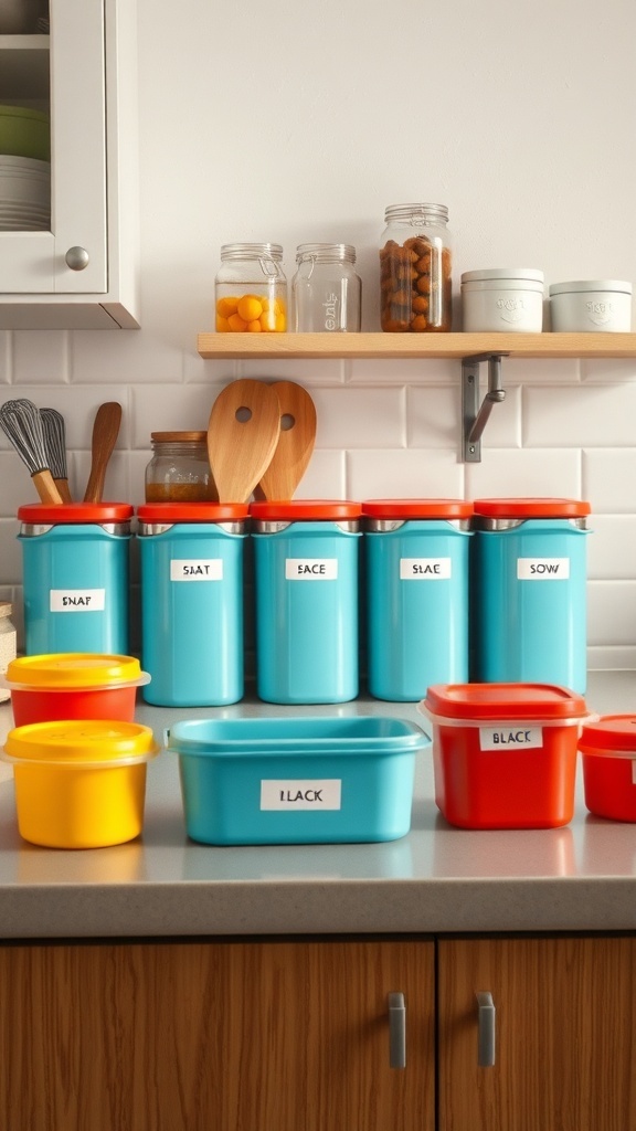 Colorful matching containers on a kitchen counter, showcasing organization and style.