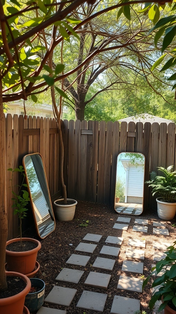 A small backyard with two mirrors leaning against a wooden fence, surrounded by potted plants and a stone pathway.