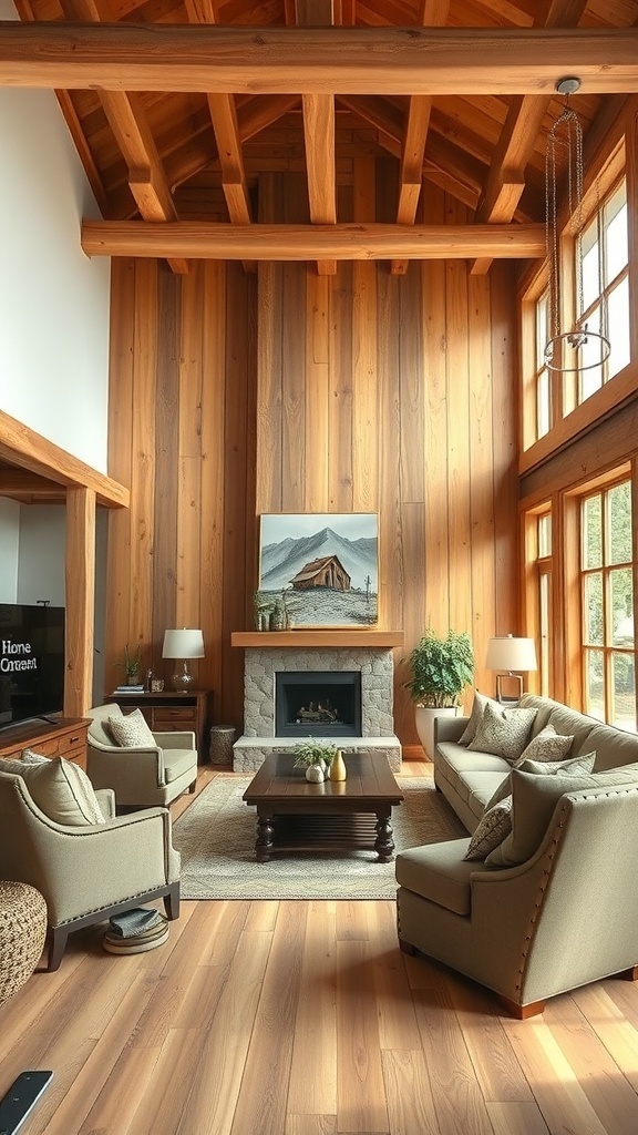 A warm farmhouse living room featuring natural wood elements, including wooden beams, walls, and furniture.