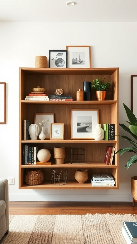 Open shelving in a warm farmhouse living room showcasing books, plants, and decorative items.
