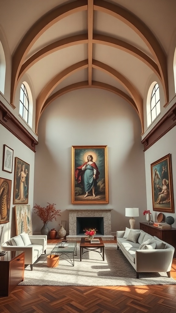 A living room with cathedral ceilings featuring large artwork and a cozy seating arrangement.