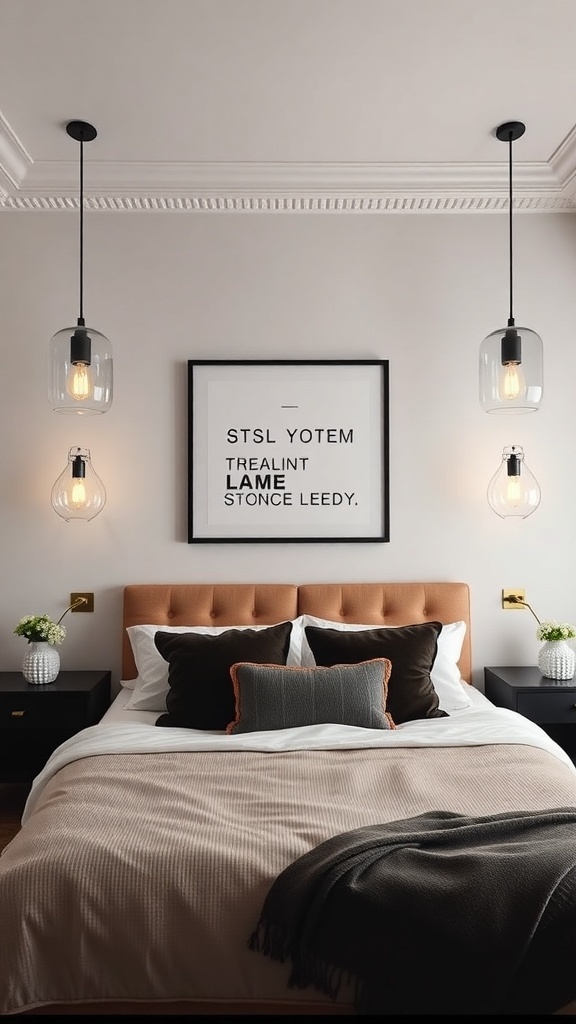 A stylish bedroom featuring two pendant lights hanging above each nightstand, creating a balanced and modern look.