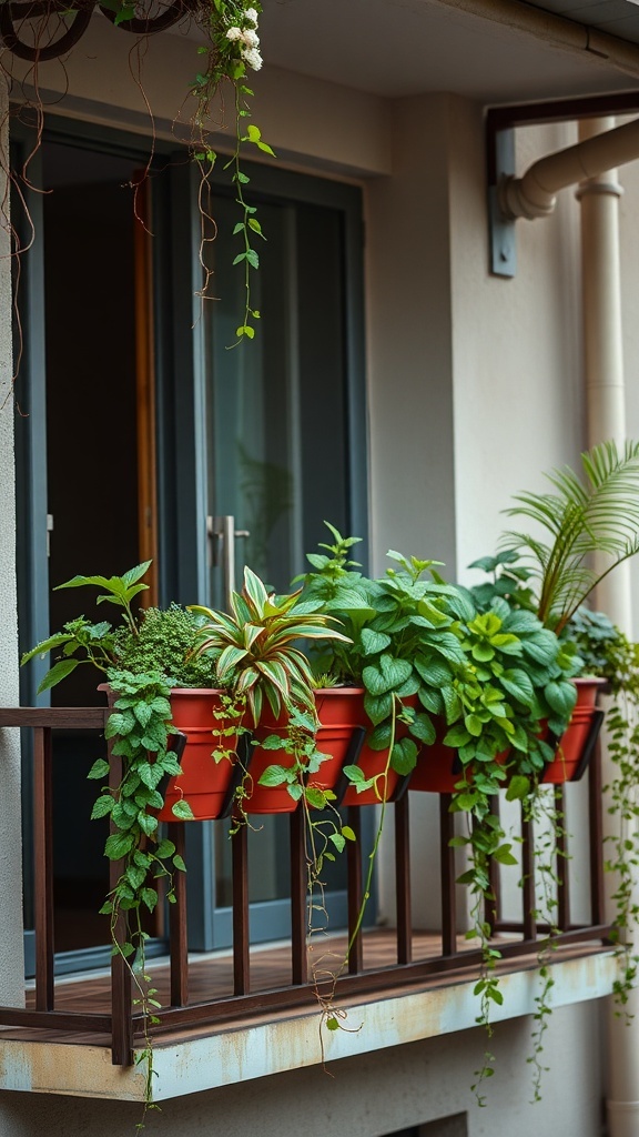 A balcony with red rail planter boxes filled with various green plants, creating a lush and inviting atmosphere.