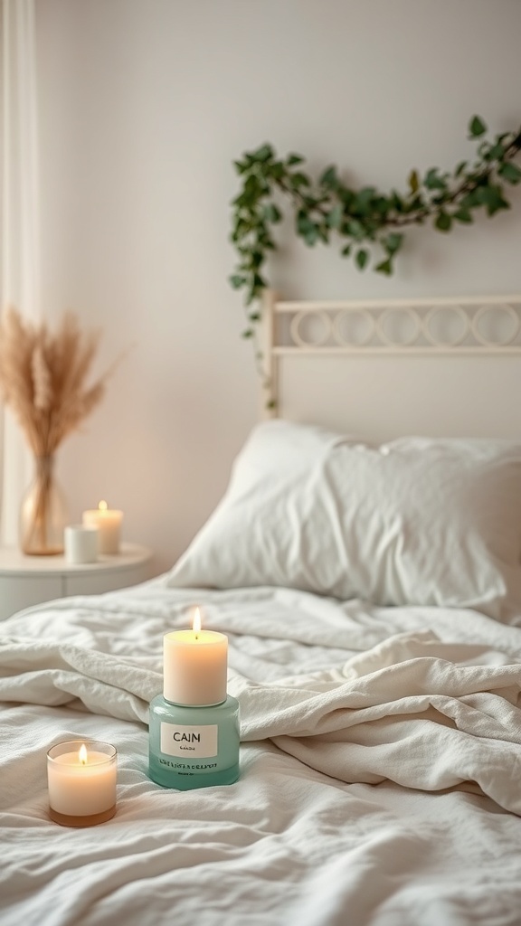 A cozy bedroom with scented candles on the bed, creating a warm and inviting atmosphere.
