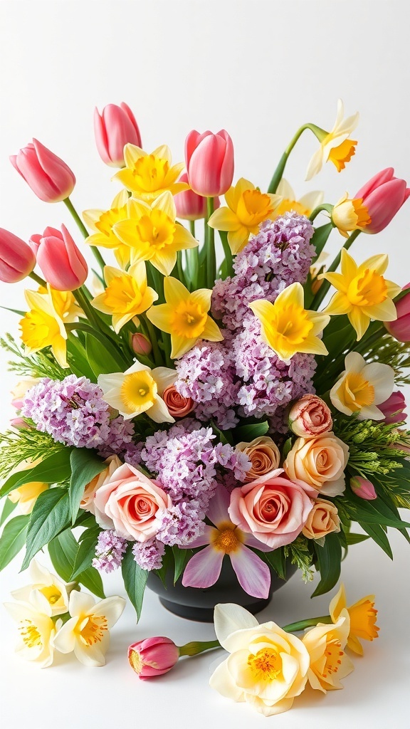 A vibrant spring floral arrangement featuring tulips, daffodils, lilacs, and roses in various colors.