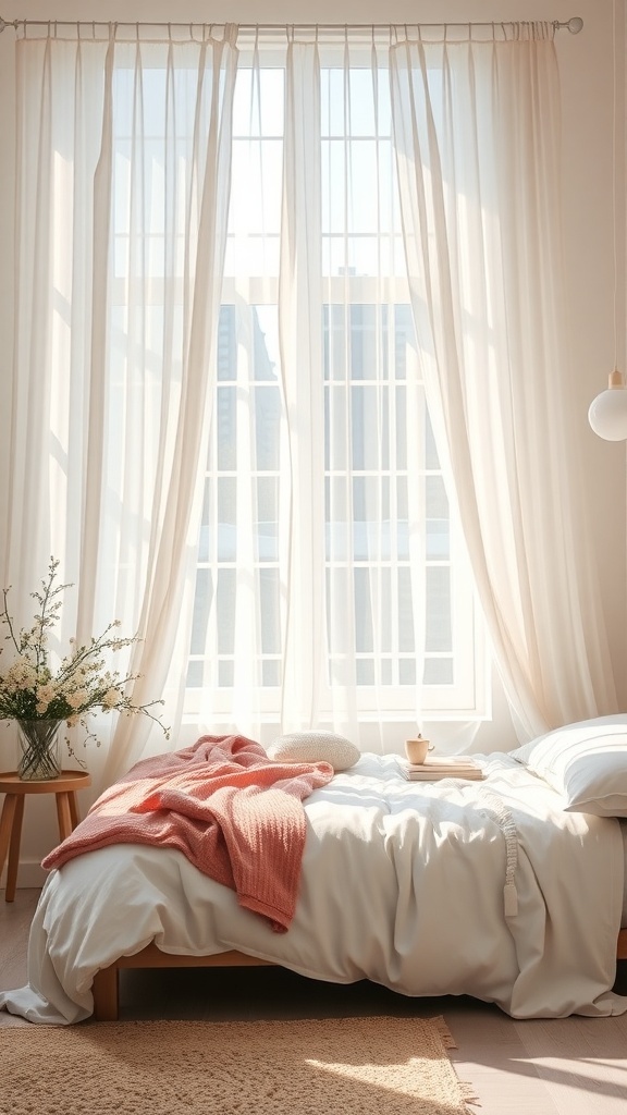 A minimalist bedroom featuring sheer curtains that allow soft natural light to fill the space, with a cozy bed and warm textures.