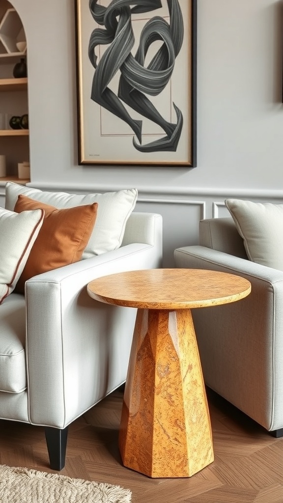 A modern terrazzo side table in a cozy living room setting, paired with white sofas and decorative pillows.