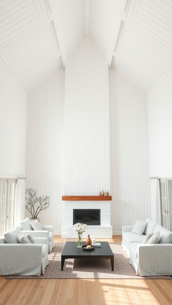 A bright living room with cathedral ceilings featuring vertical white shiplap walls, a cozy seating area, and a modern fireplace.