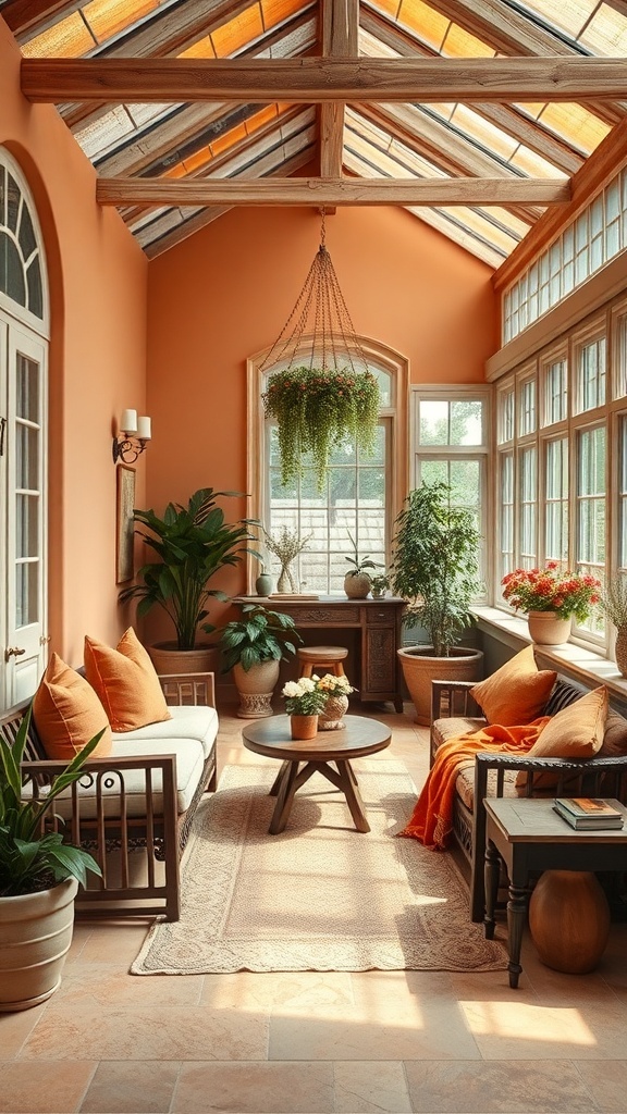 A warm and inviting conservatory with terracotta walls, wooden beams, and cozy seating.