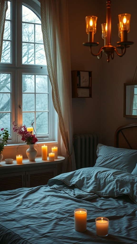A cozy bedroom with warm lighting from candles and a chandelier, featuring soft bedding and floral decor.