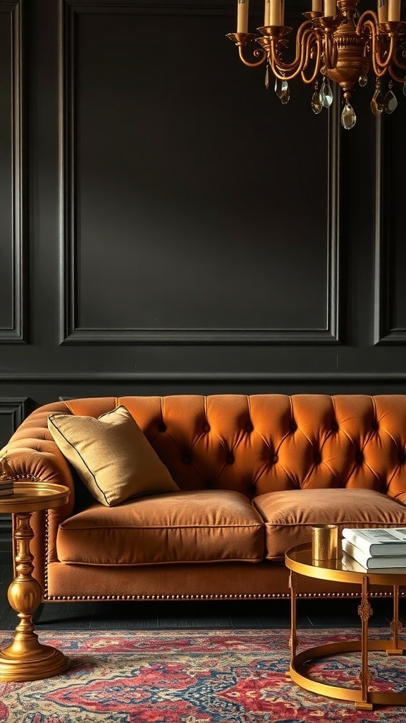 A brown tufted sofa with a gold chandelier and side table in a stylish living room.