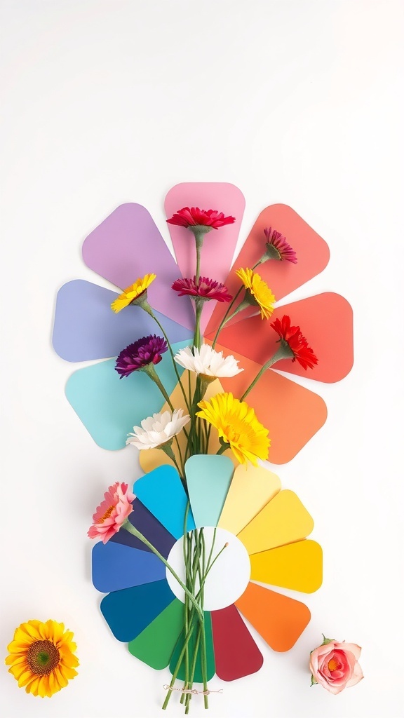 A colorful display of flowers arranged with paint swatches, showcasing color theory in floral design.