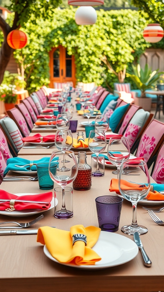 A beautifully styled outdoor table with colorful napkins, plates, and glassware, set for summer gatherings.