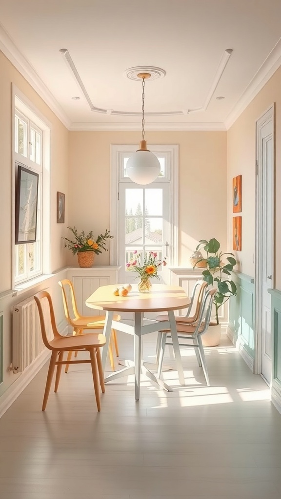A small dining room with light beige walls, a round table, and light-colored chairs, filled with natural light.