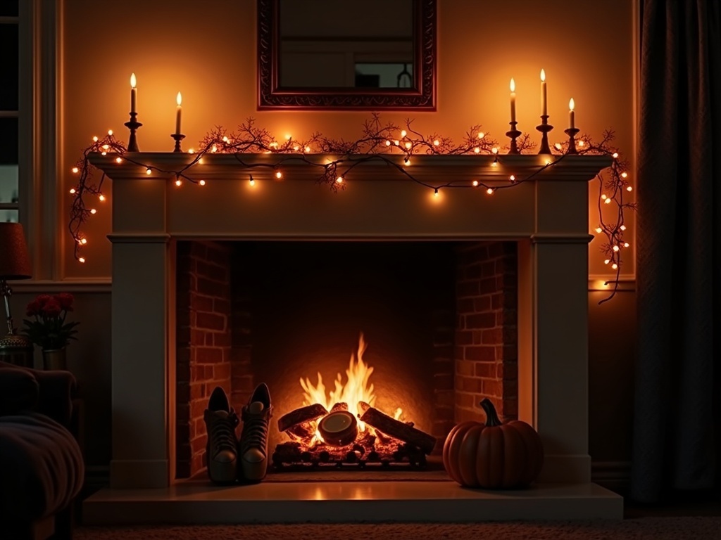 A cozy Halloween fireplace mantel decorated with string lights, candles, and a pumpkin.