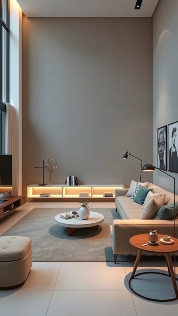 A modern living room with multi-functional furniture and built-in lighting, featuring a sofa, coffee table, and illuminated shelves.