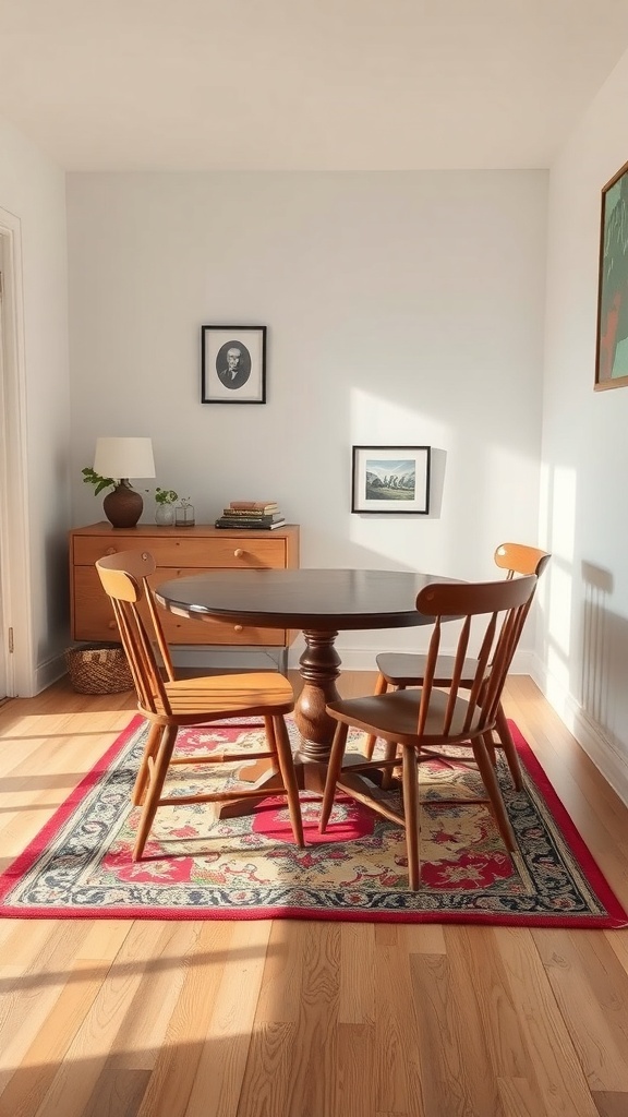 A small dining room featuring a round table with wooden chairs on a patterned rug.