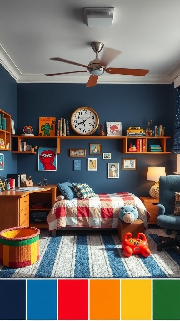 Boys room with navy walls, colorful decor, and a cozy layout