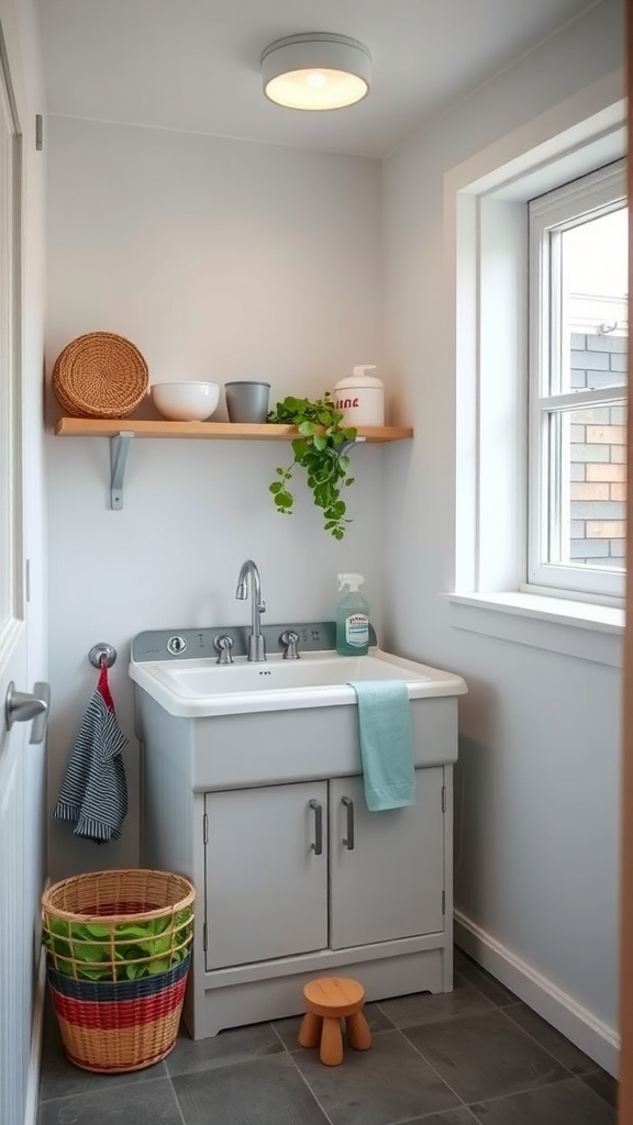 Modern utility sink in a laundry room with gray cabinetry, open shelving, and decorative items.