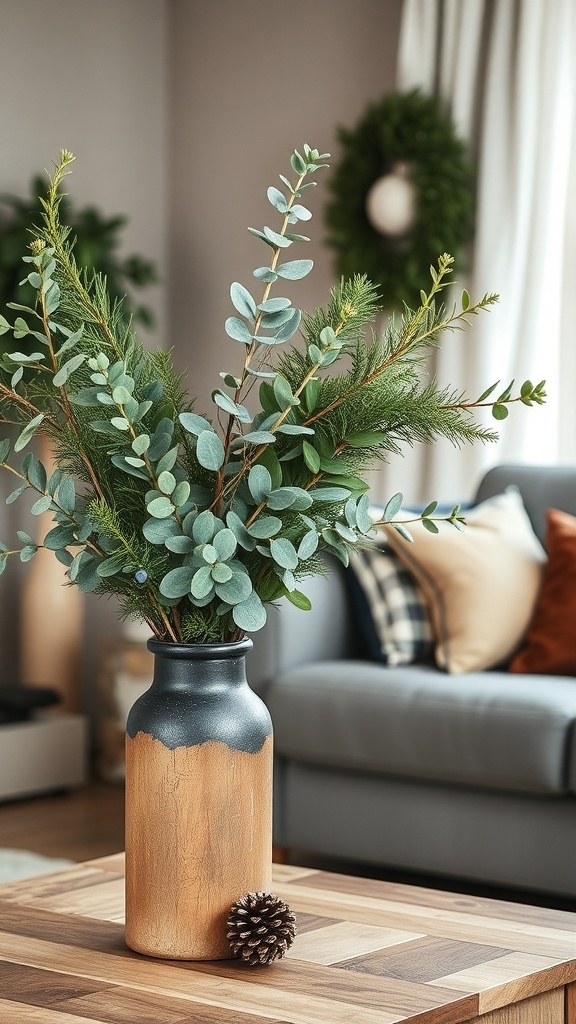 A rustic vase filled with eucalyptus and pine branches, placed on a wooden table in a cozy living room setting.
