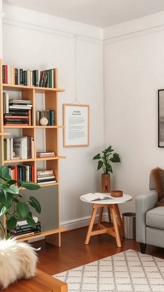 Cozy corner of a small living room with a bookshelf, plant, and small table.
