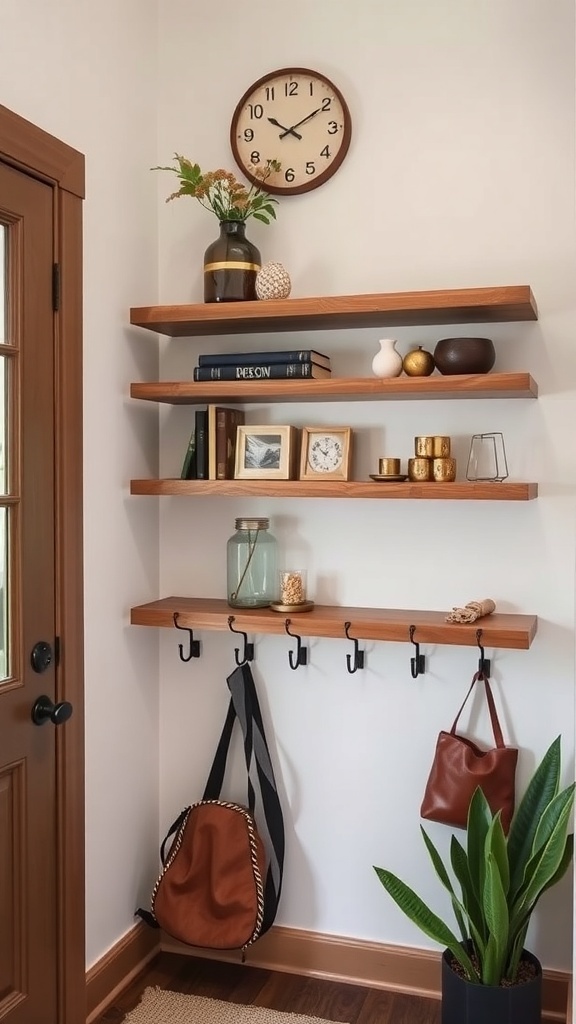 Floating shelves in a small entryway displaying decor and essentials with hooks for bags.