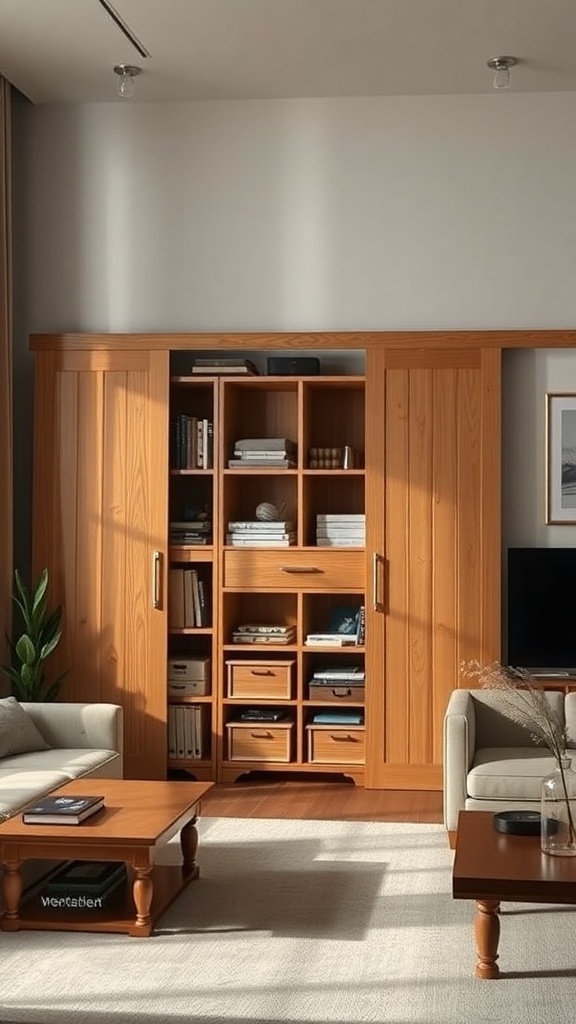A living room featuring hidden storage options with a wooden cabinet and cozy seating.