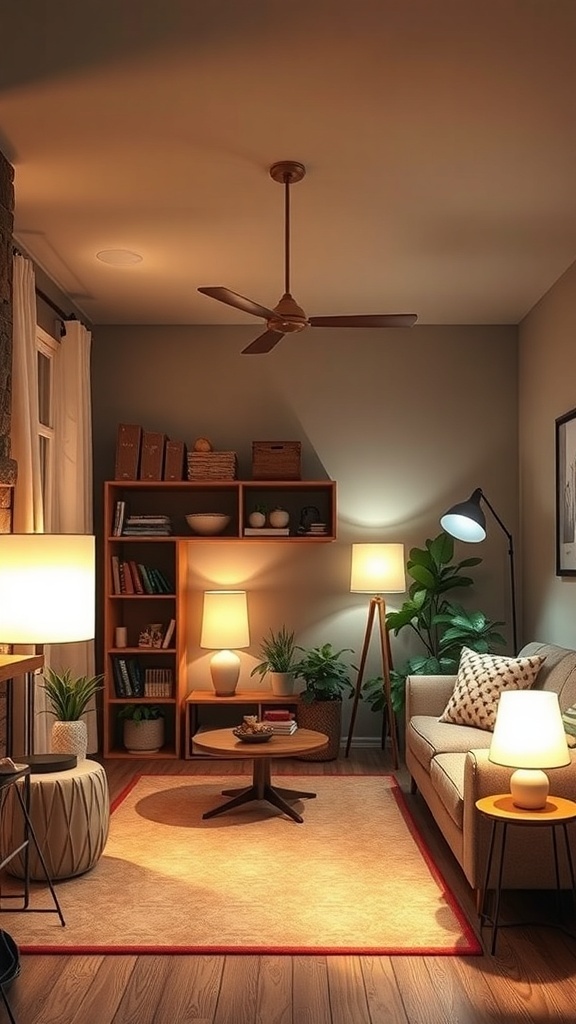 Cozy living room with layered lighting, featuring a ceiling fan light, floor lamps, and table lamps.