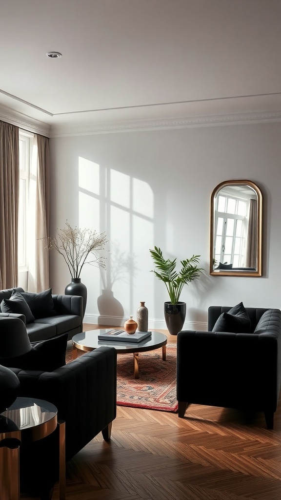 A stylish living room featuring black furniture, a mirror, and decorative plants.