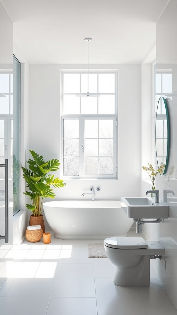 Bright and airy bathroom with large windows, a plant, and modern fixtures