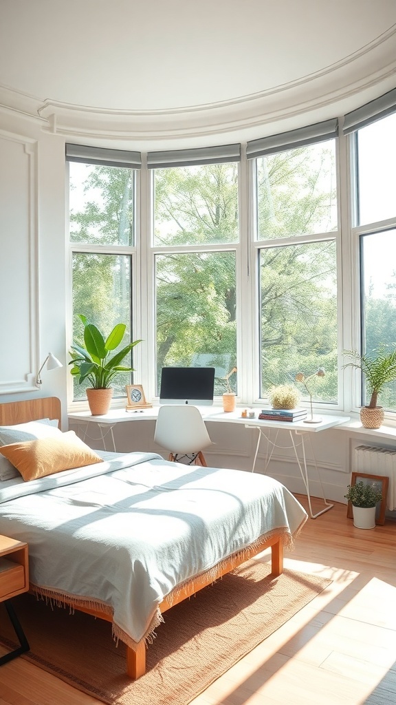 A bright and airy spare bedroom with a queen bed and a workspace by the window, featuring plants and natural light.