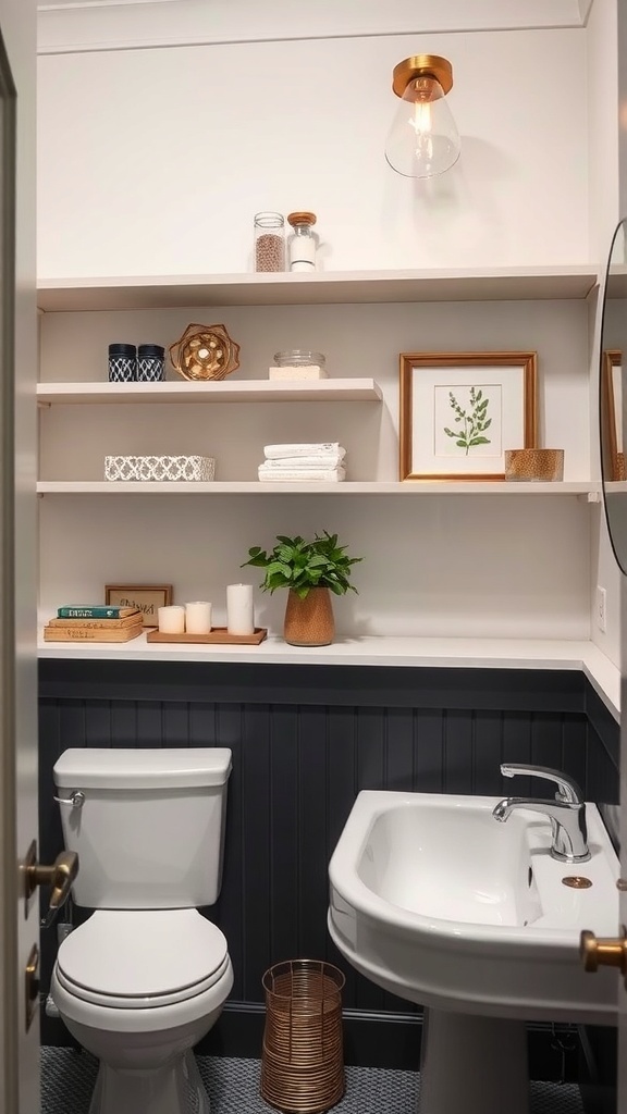 A stylish powder room featuring open shelving with decorative items, a small plant, and a warm light fixture.