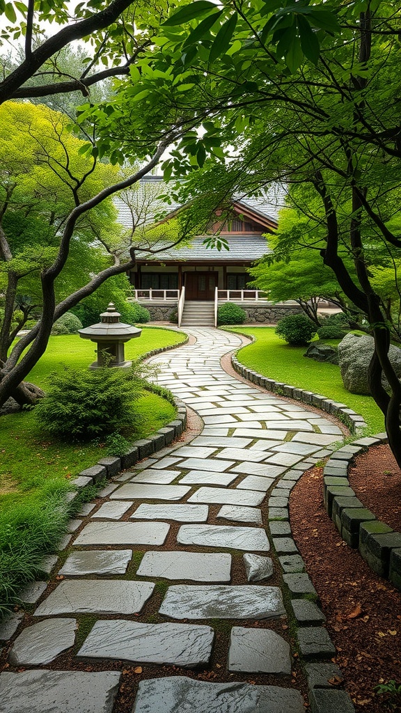 A winding stone pathway in a Japanese courtyard garden surrounded by lush greenery and a traditional building.