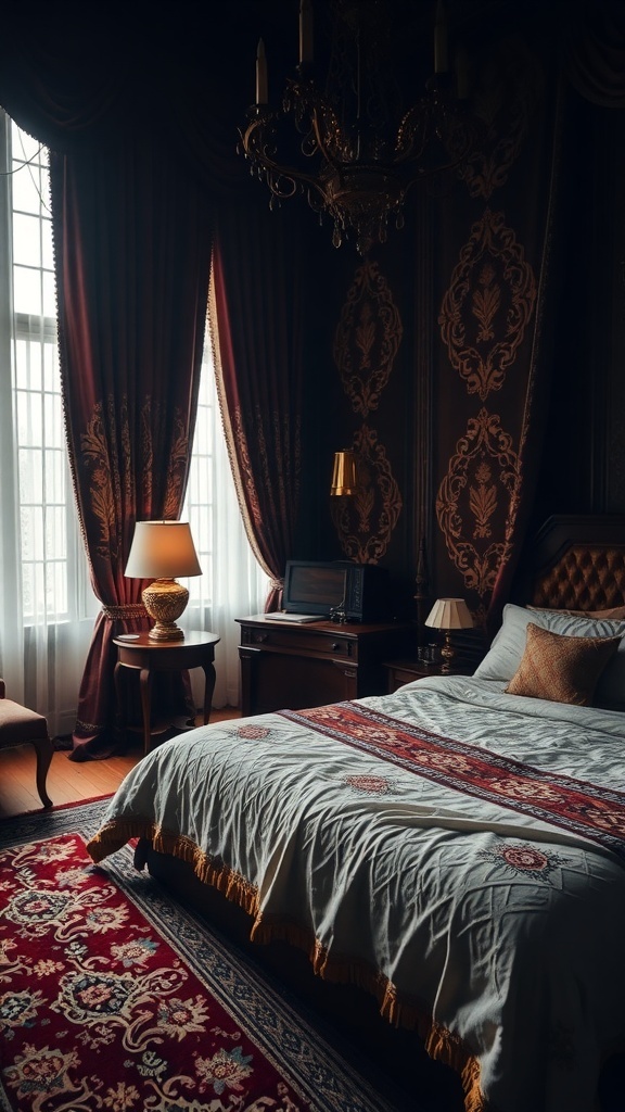 A moody romantic bedroom featuring deep tones, plush fabrics, and rich patterns.
