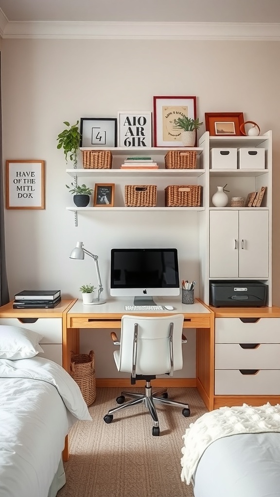 A cozy bedroom workspace featuring a desk with an iMac, storage shelves with baskets, and decorative elements.