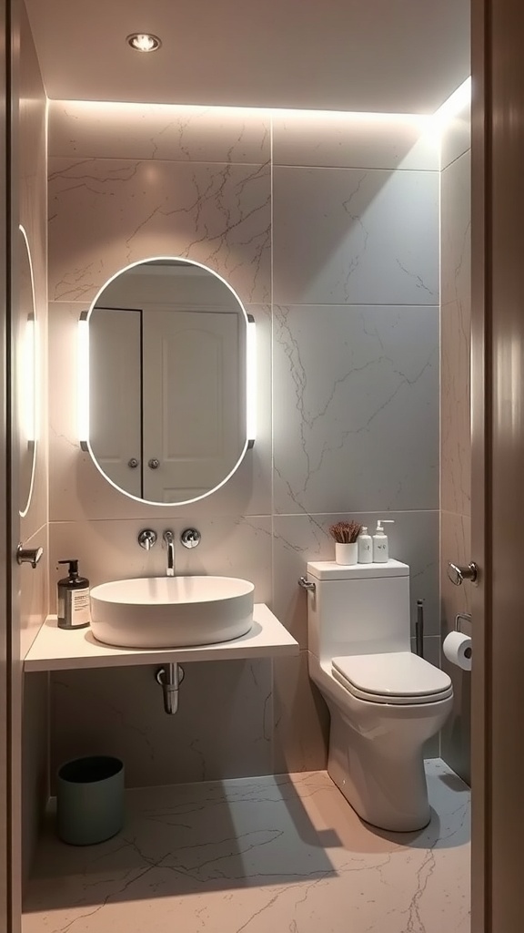 A modern powder room featuring a sleek illuminated mirror and elegant lighting.