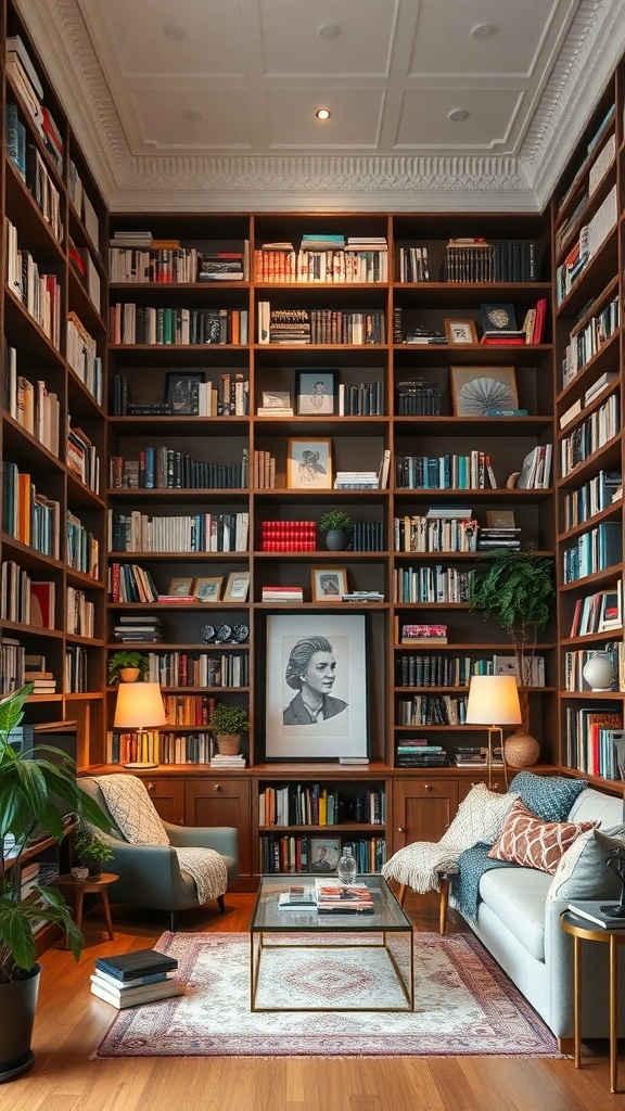 A cozy reading nook with tall bookshelves filled with books and decor, showcasing the effective use of vertical space.